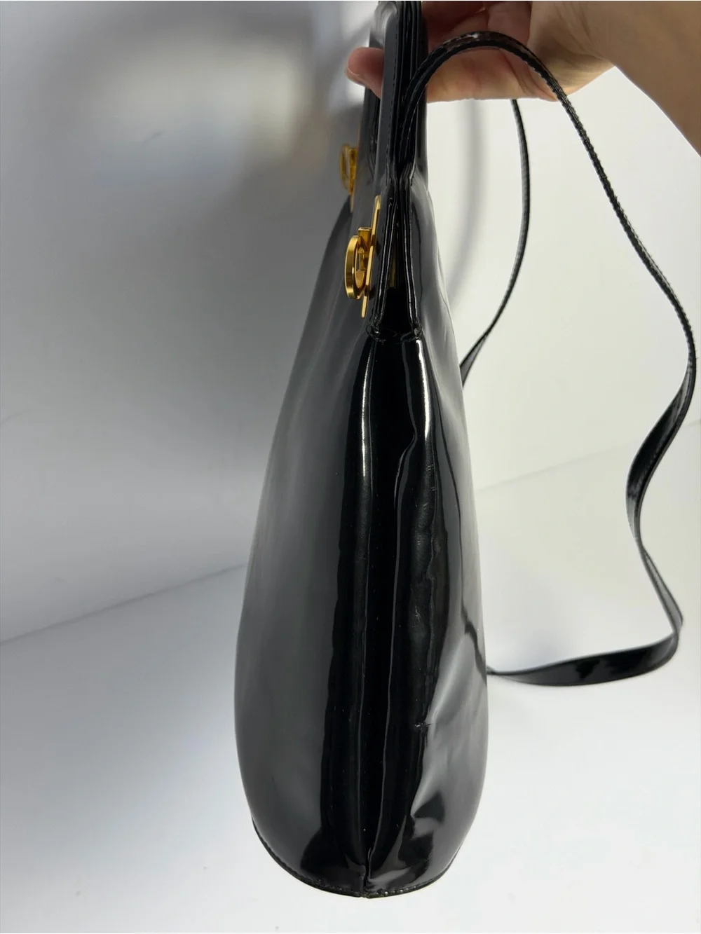 Salvatore Ferragamo Wanda Glossy Black Patent Leather Top Handle Bag